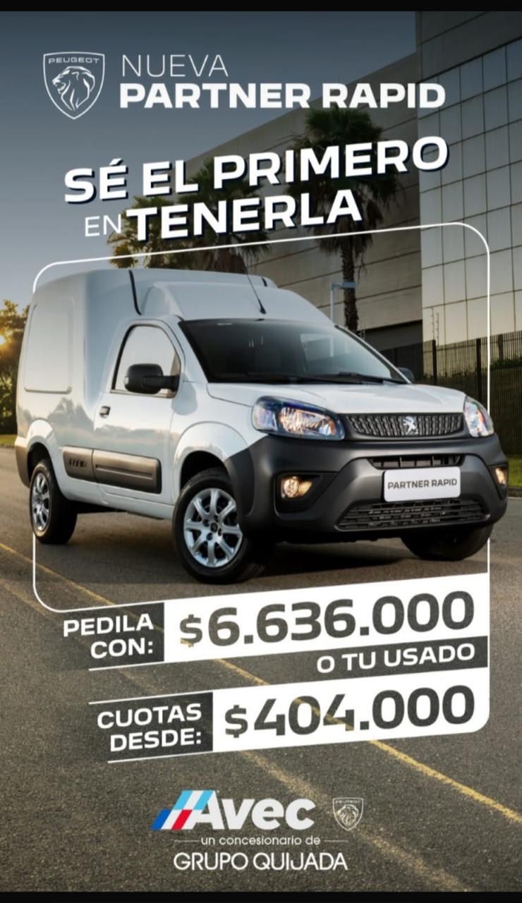 Peugeot Partner Rapid: pieza comercial AVEC con cuotas desde $404.000 y pedido con $6.636.000 o usado.